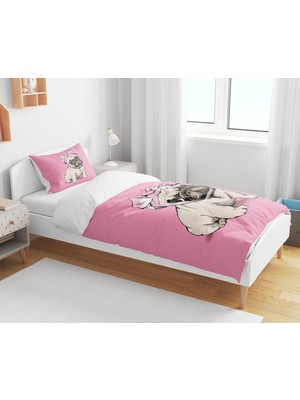 Sarel Pembe Buldog Baskılı 3D Tek Kişilik Nevresim