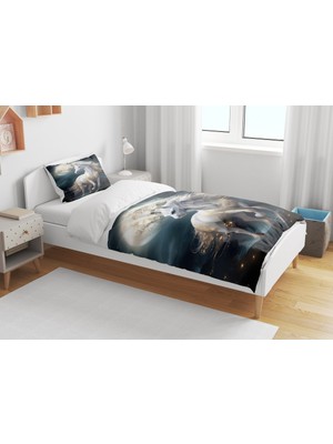 Sarel Beyaz At Baskılı 3D Tek Kişilik Nevresim