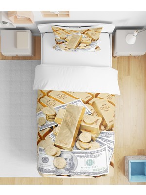 Sarel Manifest Dolar Altın Baskılı 3D Tek Kişilik Nevresim