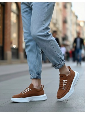 Baybonza BA0332 Merdiven Desen Bağcıklı Erkek Yüksek Taban Taba Süet Beyaz Taban Spor Ayakkabı