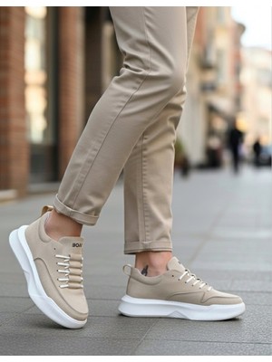 Baybonza BA0332 Merdiven Desen Bağcıklı Erkek Yüksek Taban Krem Süet Spor Ayakkabı