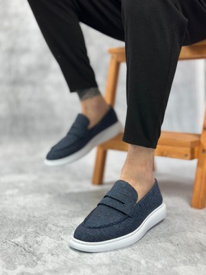 Baybonza BA0355 Bağcıksız Keten Lacivert Klasik Corcik Erkek Ayakkabı