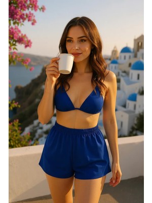 No 35 Moda Kadın Mavi Şortlu Belden ve Boyundan Bağlamalı Bikini Takımı – Modern, Konforlu ve Günlük Kombinlere Uygun
