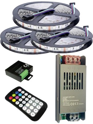 Powerr Led Aydınlatma 15 Metre 12V 60 Ledli Rgb Dış Mekan Silikonlu Şerit LED 16,5A Slim Trafo 24 A Rf LED Kontrol Üniteli Set