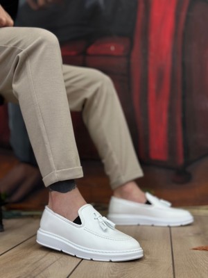 Baybonza BA0005 Bağcıksız Yüksek Taban Klasik Beyaz Püsküllü Erkek Ayakkabı