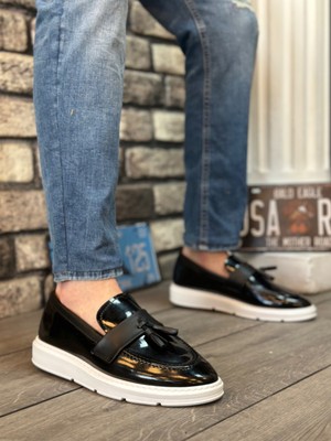 Baybonza BA0005 Bağcıksız Yüksek Beyaz Taban Klasik Rugan Püsküllü Corcik Erkek Ayakkabı