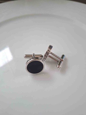 Generic 925 Ayar Gümüş Siyah Erkek Kol Düğmesi (Yuvarlak Model)- Şık Tasarım