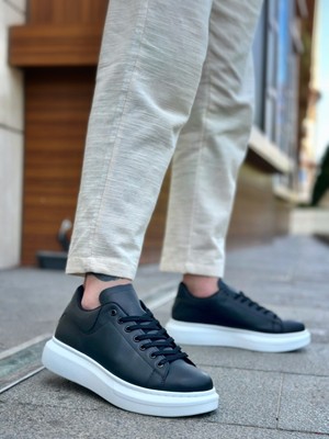 Baybonza BA0547 Boa Kalın Yüksek Taban Siyah Beyaz Bağcıklı Spor Erkek Ayakkabı