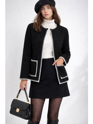 Mamayaga Kadın Dik Yaka Ip Örgü Detaylı Rahat Kalıp Uzun Kol Tasarım Triko Ceket