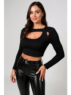 No 35 Moda Kadın Siyah Göğüs Dekolteli Çapraz Askılı Uzun Kollu Crop Top Bluz – Şık, Rahat ve Kolay Kombinlenebilir