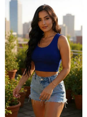 No 35 Moda Kadın Lacivert Kare Yaka Crop Top Bluz – Şık, Rahat ve Kolay Kombinlenebilir