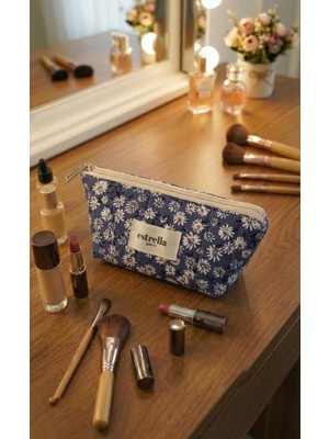 Estrella Paris Vanesa Makyaj Çantası Kozmetik Bakım Çantası Papatya Mavi Çizgi