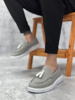 Baybonza BA0005 Bağcıksız Yüksek Taban Klasik Keten Füme Püsküllü Erkek Ayakkabı