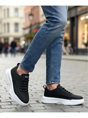 Baybonza BA0332 Merdiven Desen Bağcıklı Erkek Yüksek Taban Siyah Cilt Beyaz Taban Spor Ayakkabı