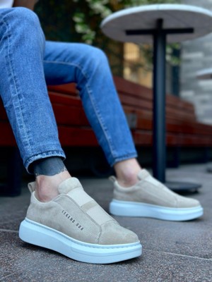 Baybonza BA0307 Boa Kalın Süet Yüksek Taban Çift Bant Krem Erkek Ayakkabı