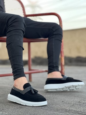 Baybonza BA0005 Bağcıksız Yüksek Taban Siyah Beyaz Taban Cilt Kemerli Klasik Püsküllü Corcik Erkek Ayakkabı