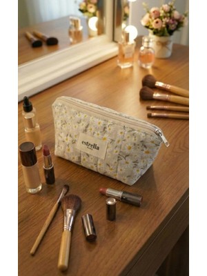 Estrella Paris Vanesa Makyaj Çantası Kozmetik Bakım Çantası Papatya Bej Çizgi