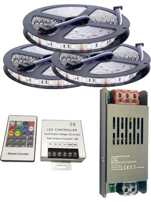 Powerr Led Aydınlatma 15 Metre 12V 60 Ledli Rgb Dış Mekan Silikonlu Şerit LED 16,5A Slim Trafo 36 A Rf LED Kontrol Üniteli Set