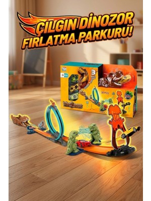 Craftivio Dinozor Temalı Fırlatma ve Yarış Pisti Seti - 3 Arabalı, 360 Çemberli T-Rex Parkuru (30 Parça)