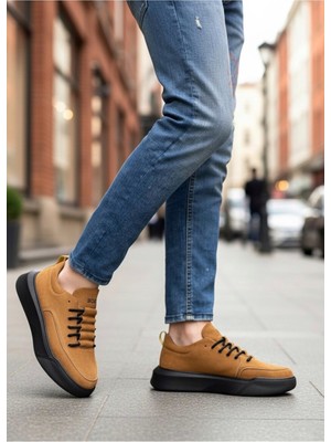 Baybonza BA0332 Merdiven Desen Bağcıklı Erkek Yüksek Taban Taba Süet Siyah Taban Spor Ayakkabı