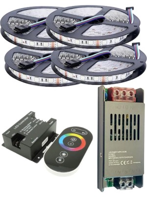 Powerr Led Aydınlatma 20 Metre 12V 60 Ledli Rgb Dış Mekan Silikonlu Şerit LED 20A Slim Trafo 36 A Dokunmatik Rf LED Kontrol Üniteli Set