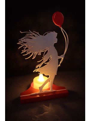 M&D Design Sevgililer Günü Özel Balonlu Kız Silüet Mumluk – Romantik Dekoratif LED Mum Hediyesi