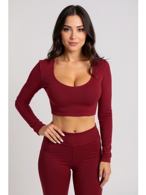 No 35 Moda Kadın Bordo Uzun Kol Kare Yaka Crop Top Bluz