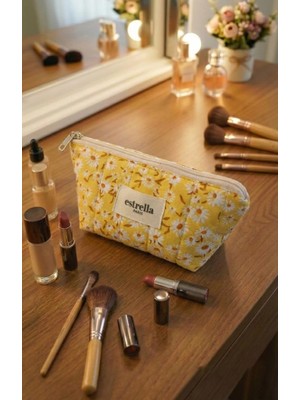 Estrella Paris Vanesa Makyaj Çantası Kozmetik Bakım Çantası Papatya Sarı Çizgi