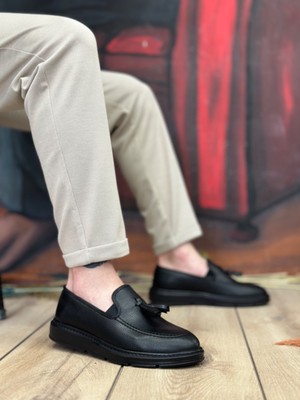 Baybonza BA0005 Bağcıksız Yüksek Taban Mat Siyah Klasik Püsküllü Corcik Erkek Ayakkabı