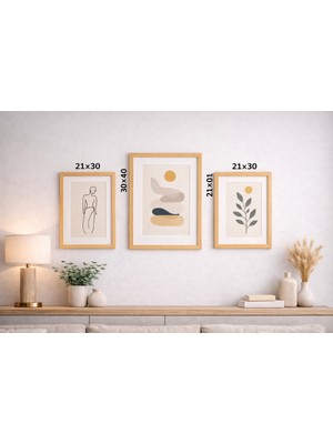 Modern Minimal Doğal Ahşap Görünümlü Çerçeve Seti | 3’lü Duvar Tablosu | Pleksi Camlı