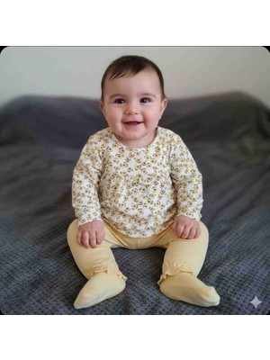 Nazar Bebekız Bebek Çiçek Desenli Fırfırlı Uzun Kollu Tunik ve Fitilli Pantolon 2'li Takım