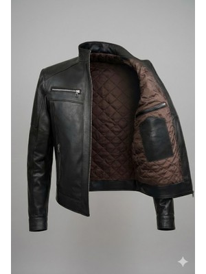VERRA Premium Erkek Siyah Deri Mont - Içi Kapitone Astarlı Dik Yaka Tasarım (Slim Fit)