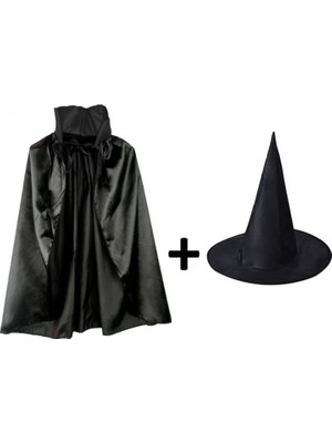 MiraLive Siyah Yakalı Pelerin ve Siyah Cadı Şapkası Seti Çocuk Boy