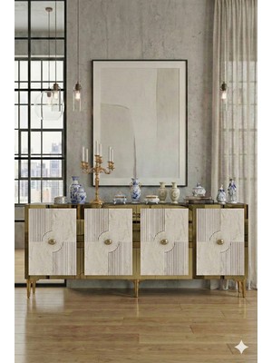 Ceneyra KA1811BTG PEGA180 Konsol, Kahve Köşesi ve Tv Sehpası, Çok Amaçlı Dolap 180CM Beyaz-Traverten-Gold