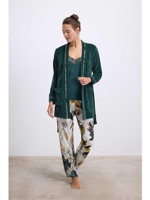 MOTTO10 Butik Anıl Kadın Kadife Sabahlık, Dantelli Atlet ve Desenli Pantolon Pijama Takım 11554