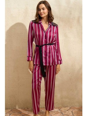MOTTO10 Butik Kadın Saten Çizgili Düğmeli Uzun Kol Dantelli Gömlek ve Pantolon Pijama Takım (9765)