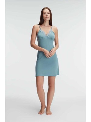 MOTTO10 Butik Anıl 5692 Ip Askılı V Yaka Kadın Viskon Çiçek Desenli Yazlık Mini Dantel Detaylı Gecelik Sabahlık