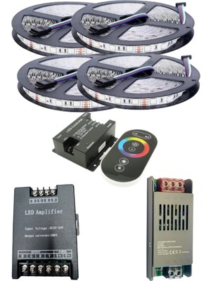 Powerr Led Aydınlatma 20 Metre 12V 60 Ledli Rgb Dış Mekan Silikonlu Şerit LED 20A Slim Trafo 36A Dokunmatik Rf LED Kontrol 36A Rgb Amplifier Üniteli Set