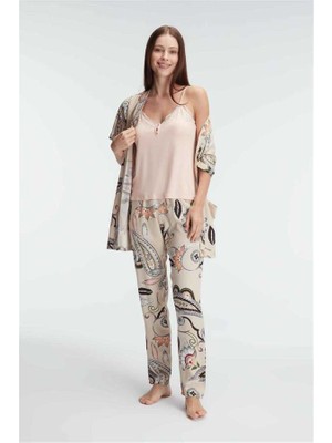 MOTTO10 Butik Anıl 5840 Ip Askılı V Yaka Kadın Viskon Çiçek Desenli Yazlık Dantel Detaylı Pijama Takımı Sabahlık
