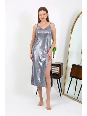 İlk El Grup Kadın Ip Askılı Uzun Parlak Micro Elbise Gecelik Gri IEG-ÇKRS34