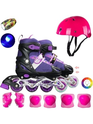 Depomiks Avm Mor Işıklı Teker Ayarlanabilir Çocuk Alıştırma Paten 2 Fonksiyon LED El Feneri Kask Dizlik Full Set