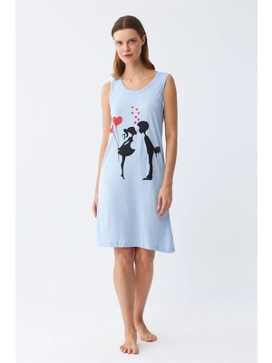 İlk El Grup Kadın Kalın Askılı Penye Diz Üstü Mavi Gecelik IEG-ÇKRS34