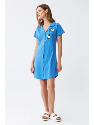 İlk El Grup Kadın Pamuk Penye Kısa Kol Düğmeli Mavi Tunik Gecelik IEG-ÇKRS34