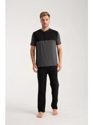 İlk El Grup Erkek Antrasit Düğmeli Yaka Kısa Kol Pijama Takımı IEG-ÇKRS34