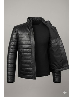 VERRA Erkek Siyah Hakim Yaka Kapitone Desenli Spor Deri Mont - Slim Fit Kesim