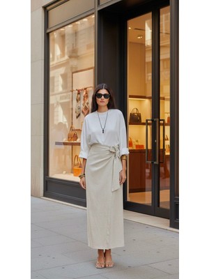 Avakado Yandan Bağlamalı Keten Karışımlı Içi Astarlı Etek