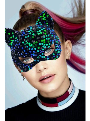 Siyah Kadife Kumaş Üzerine Mavi Yeşil Payetli Pullu Parti Maskesi 16X14 cm - Lisinya