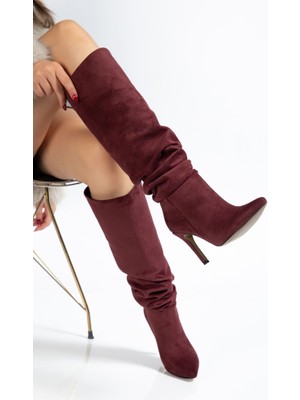 Shemard Bordo Süet Körüklü Ince Topuklu Günlük Bayan Çizme