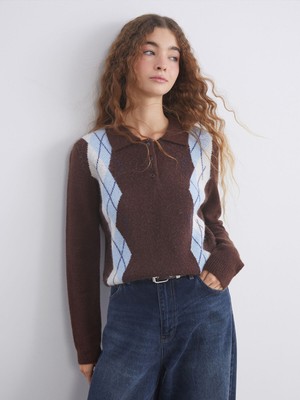 Lc Waikiki Yeni Sezon Polo Yaka Baklava Desenli Kadın Triko Kazak