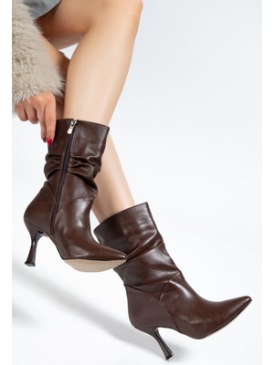 Shemard Kahve Yüksek Ince Topuklu Körüklü Fermuarlı  Kadın Bot